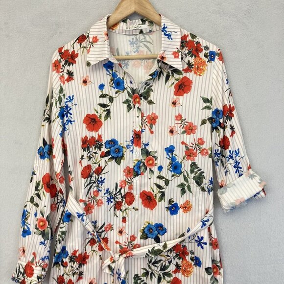 Grifflin Paris Shirt Dress Womens Medium Floral Long Sleeve Belted Roll Cuff - Picture 2 of 13